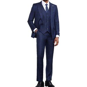 Dark Blue Windowpane 3 Piece Stacy Adams Men's Suit